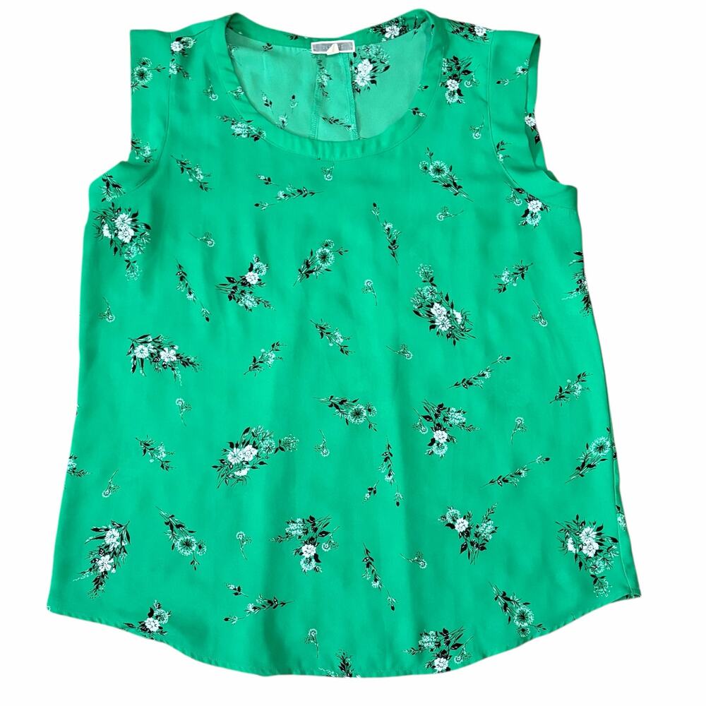 Pleione Womens Sleeveless Top Green Floral Dandelion Pleated Colorful Summer L